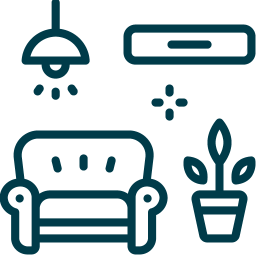 Artboard 2 Image shows an icon of items you would find in a living, such as a sofa, plant and light